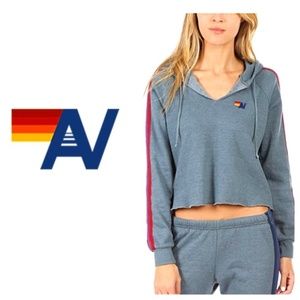 Aviator Nation Women's Gray Split Neck Pullover Hoodie Blue Slate/purple~EUC`XS